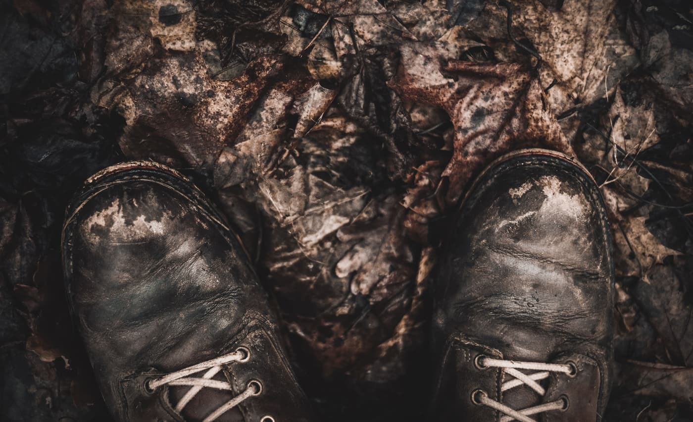 Worn leather hunting boots on frosted ground at first light, laces undone